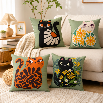 Cute Floral Cat Pillow Cover - Orange