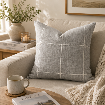 Embroidered Farmhouse Style Striped Pillow Cover-Grey Grid