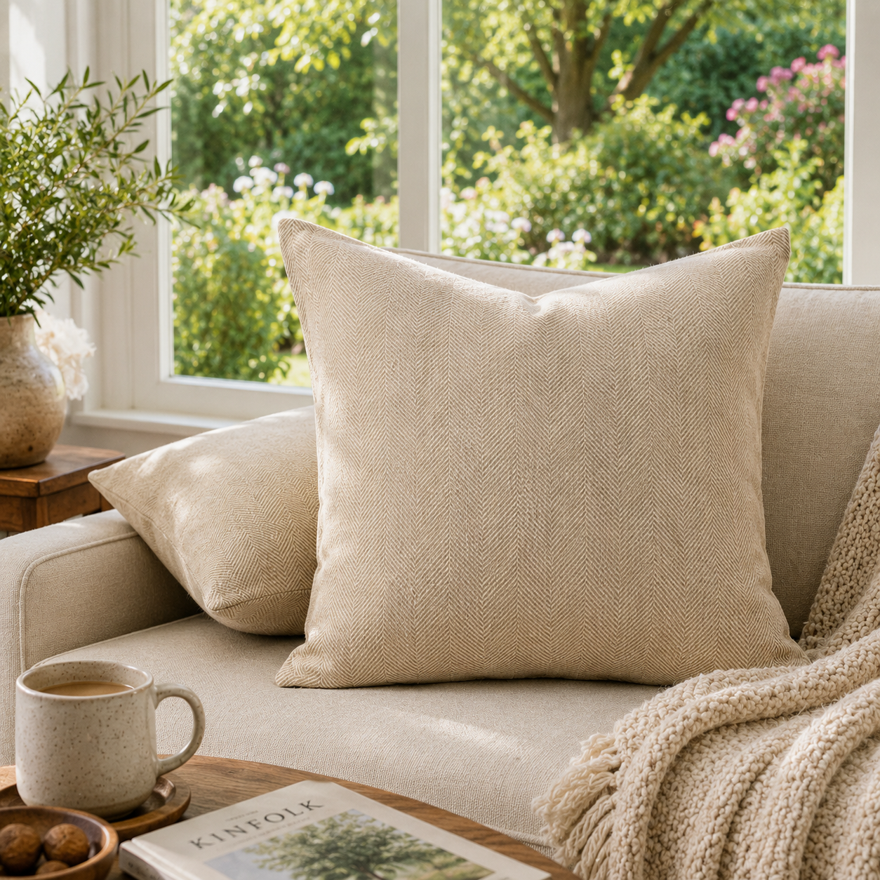 Herringbone Weave Decorative Throw Pillow Cover- Beige