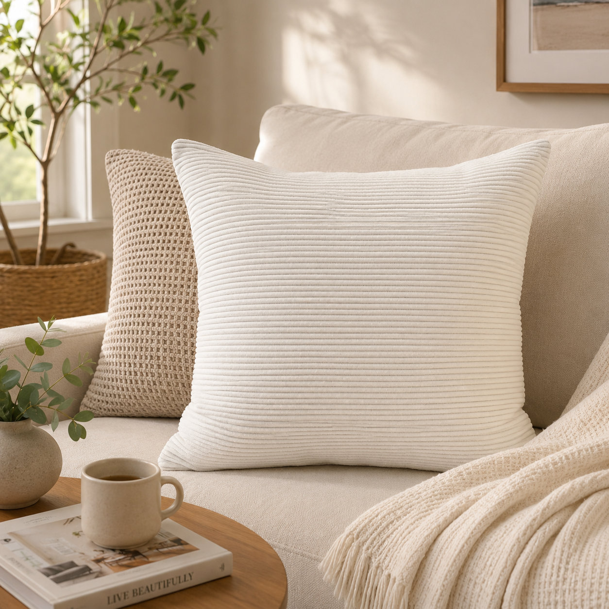 Textured Corduroy Throw Pillow Cover - White