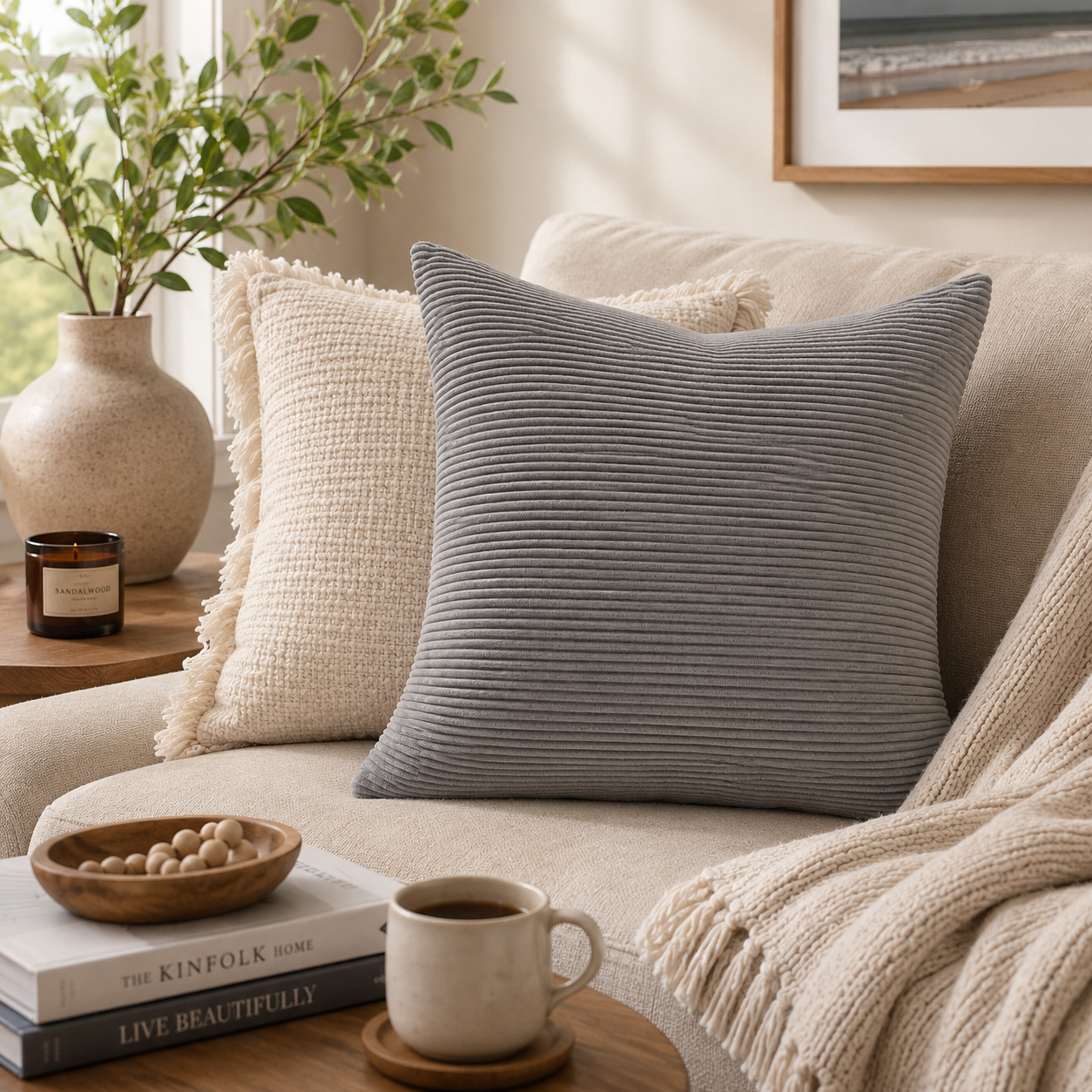 Textured Corduroy Throw Pillow Cover - Grey