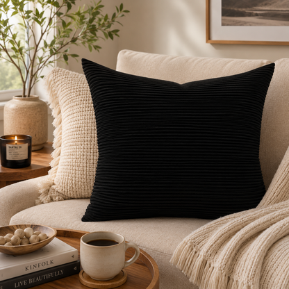 Textured Corduroy Throw Pillow Cover - Black