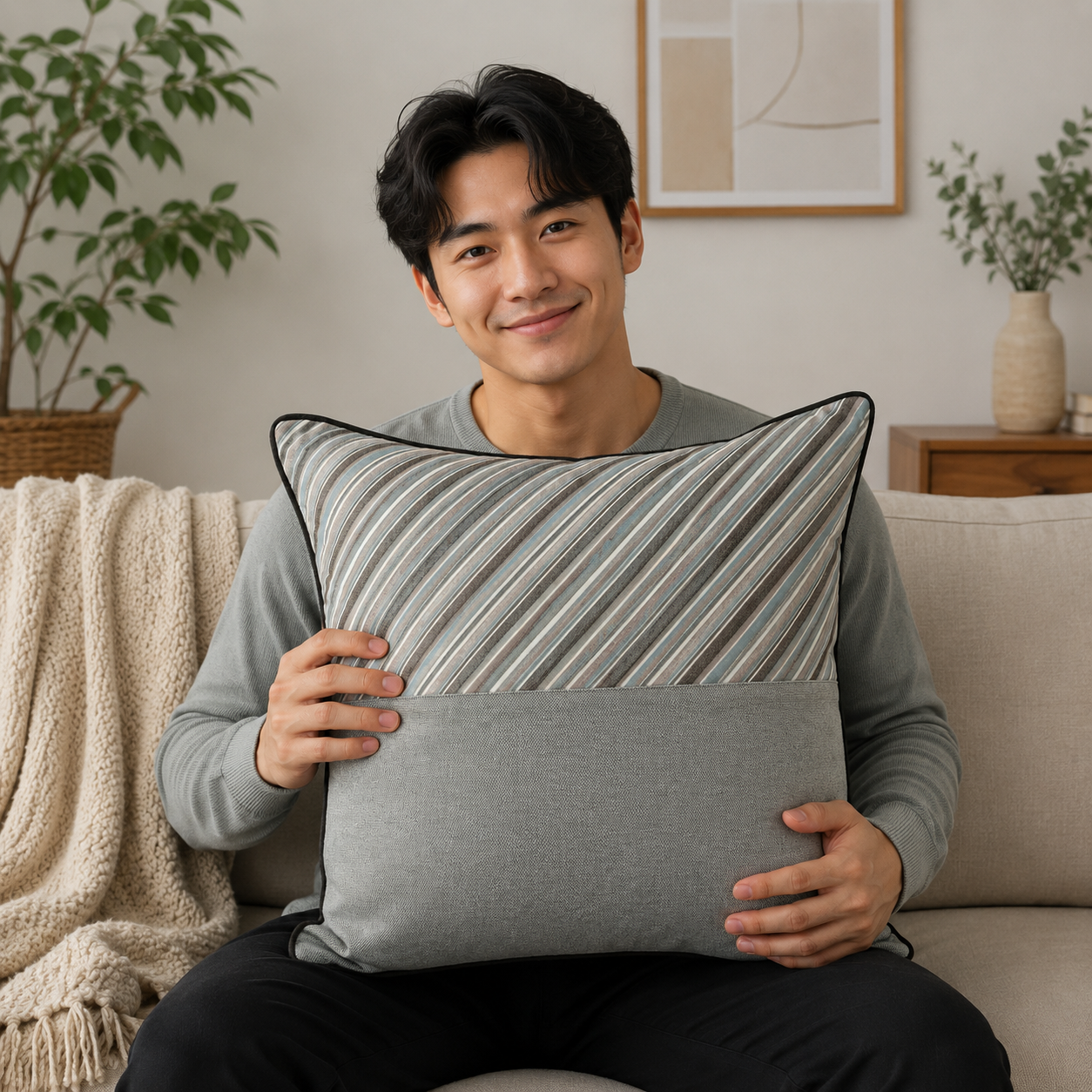 Elegant Striped Throw Pillow Cover - Grey