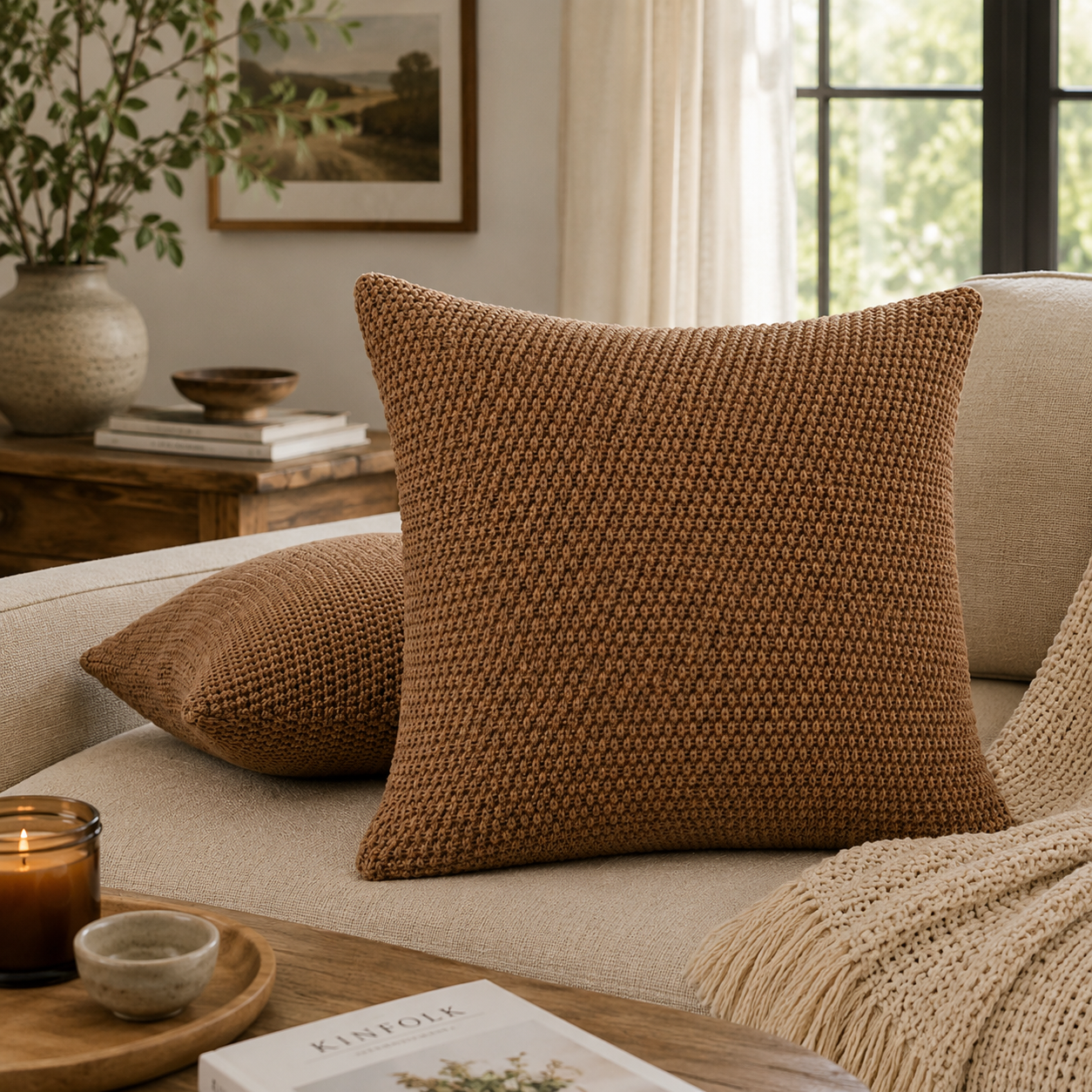 Textured Knit Decorative Throw Pillow Cover- Brown