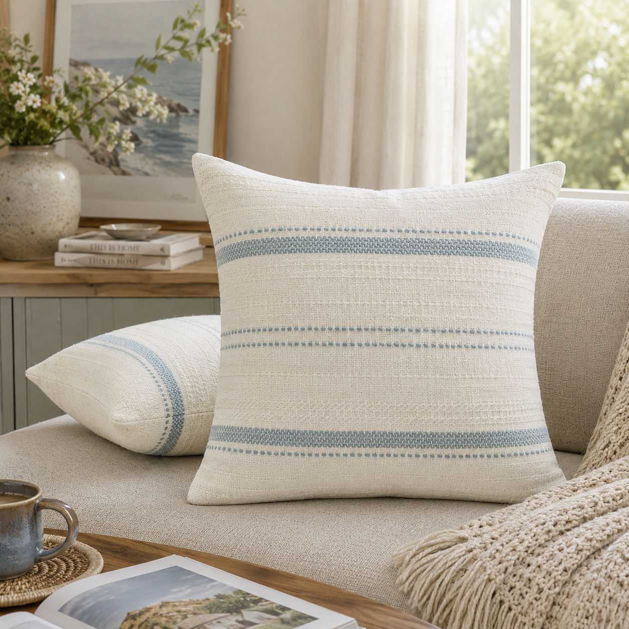 Woven Stripe Decorative Throw Pillow Cover- Blue