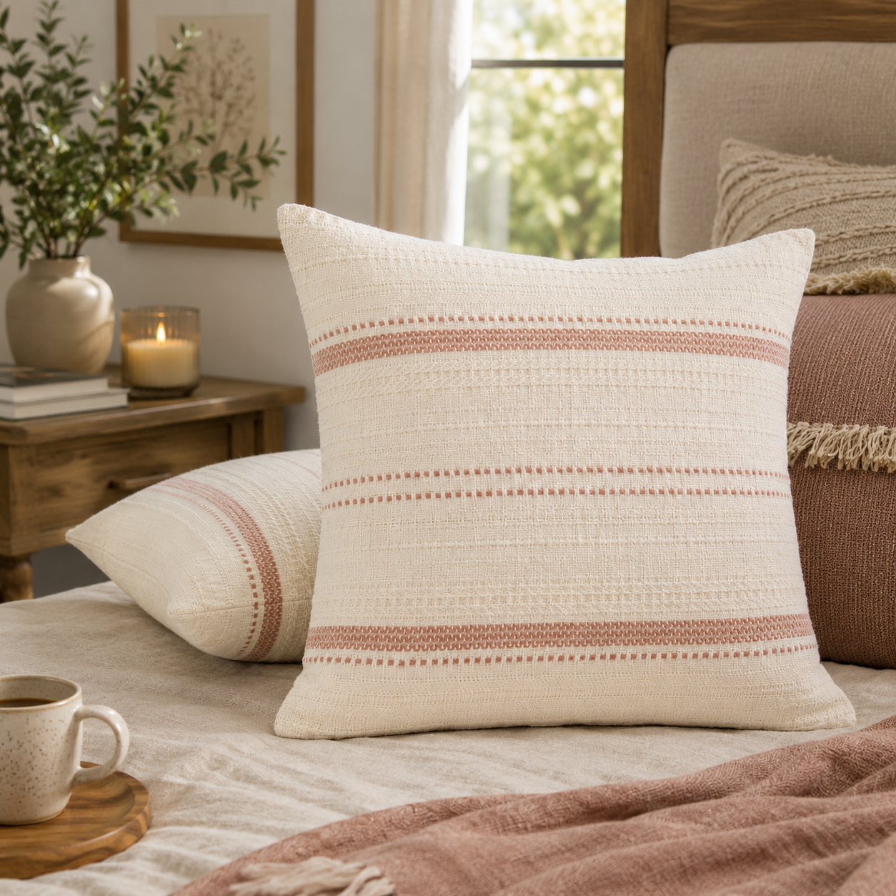 Woven Stripe Decorative Throw Pillow Cover- Ivory