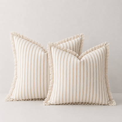 Farmhouse Striped Fringe Pillow Cover- Khaki