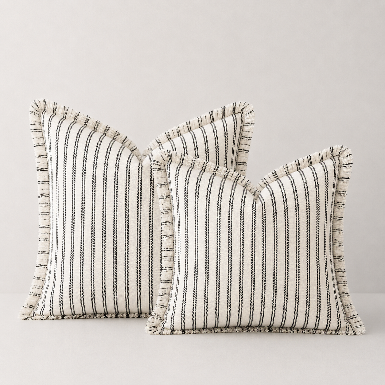 Farmhouse Striped Fringe Pillow Cover- Black