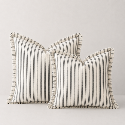 Farmhouse Striped Fringe Pillow Cover- Black