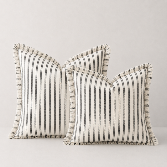 Farmhouse Striped Fringe Pillow Cover- Black