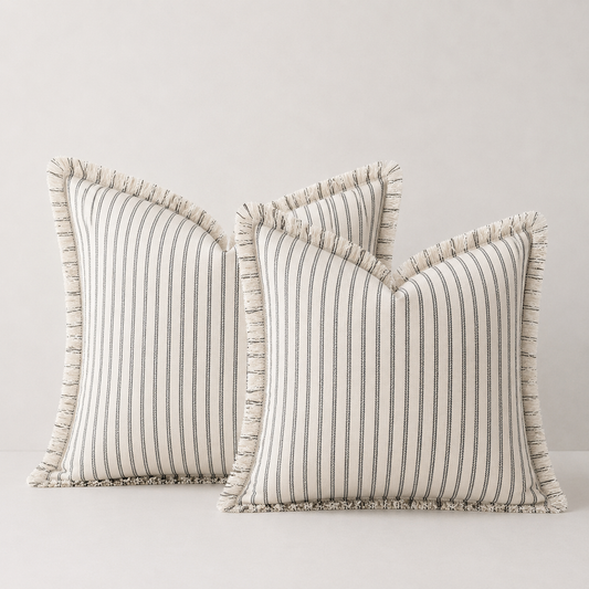 Farmhouse Striped Fringe Pillow Cover- Grey