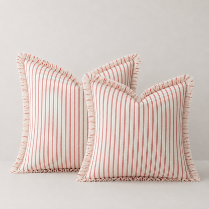 Farmhouse Striped Fringe Pillow Cover- Red
