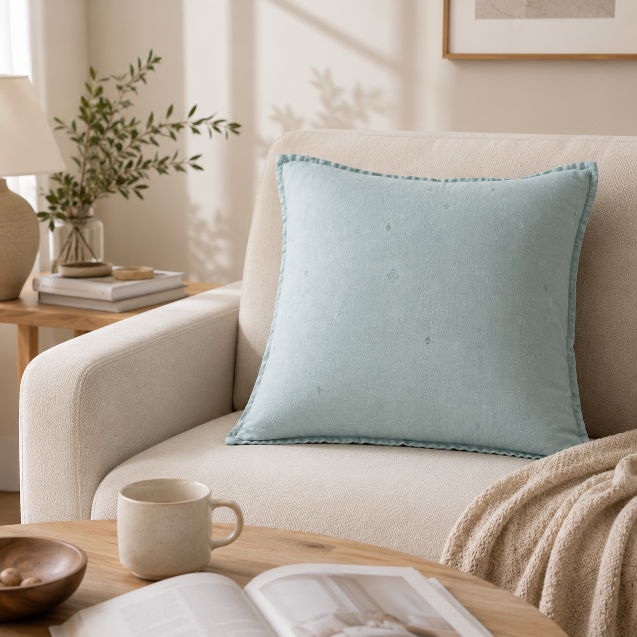 Minimal Embroidered Linen Throw Pillow Cover- Blue