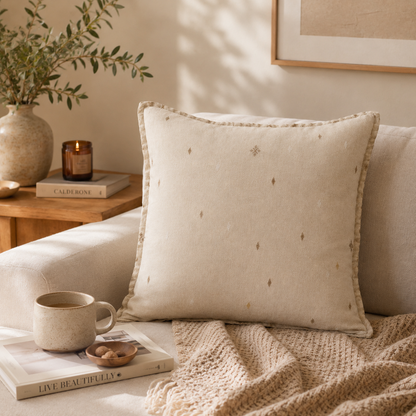 Minimal Embroidered Linen Throw Pillow Cover- Beige