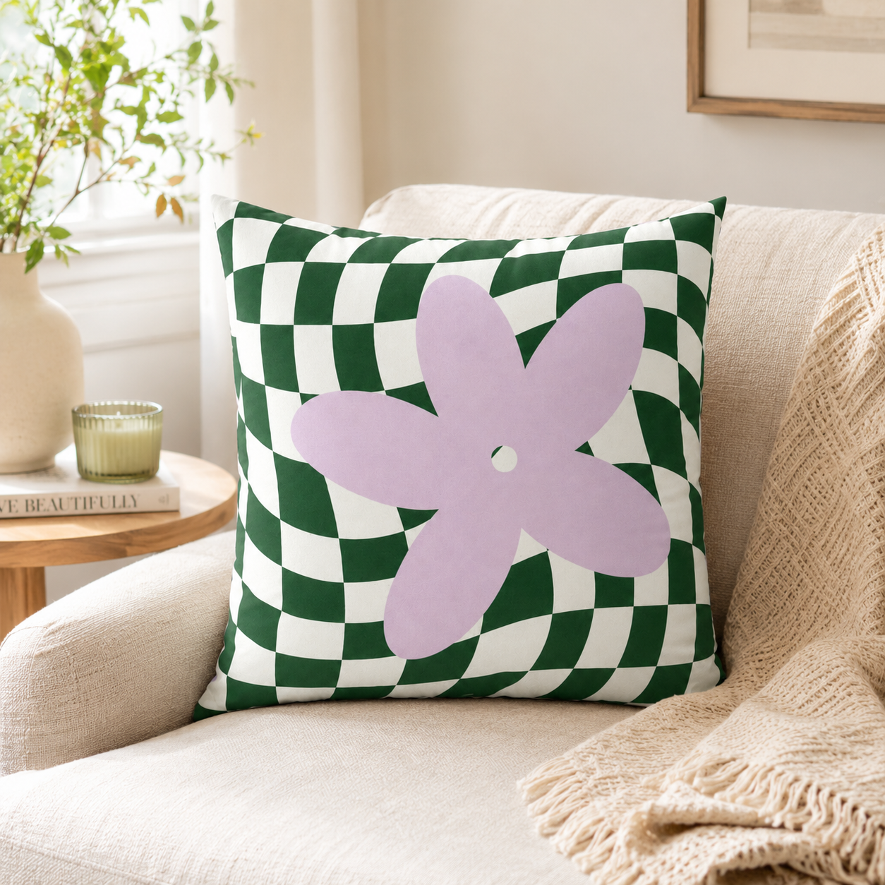 Checkered Lilac Greeb Throw Pillow Cover - Green Flower