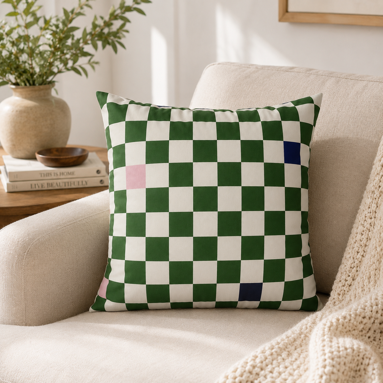 Checkered Lilac Greeb Throw Pillow Cover - Green Cube