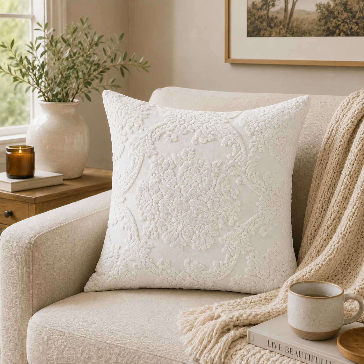 Elegant Jacquard Throw Pillow Cover - White