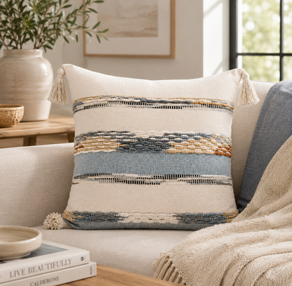 Artistic Boho Throw Pillow Cover - Blue