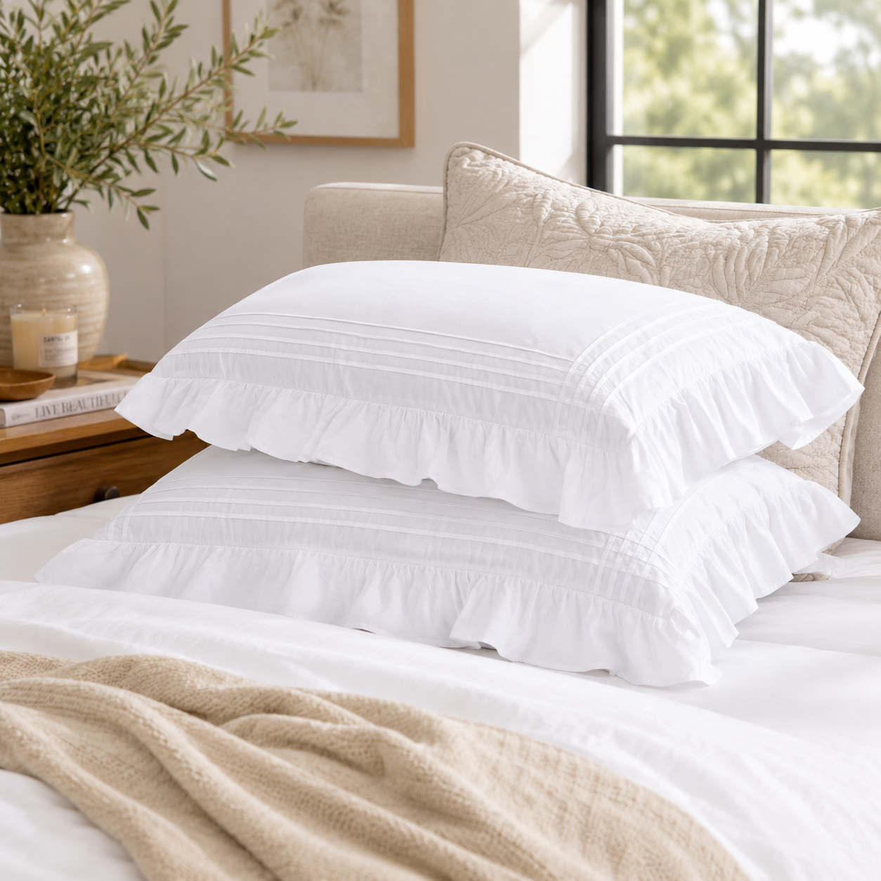 Elegant Ruffle White Pillow Cover Set