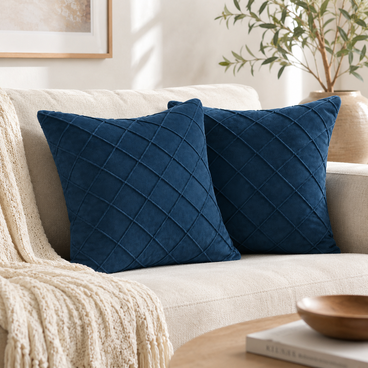 Diamond Grid Throw Pillow Cover - Navy Blue