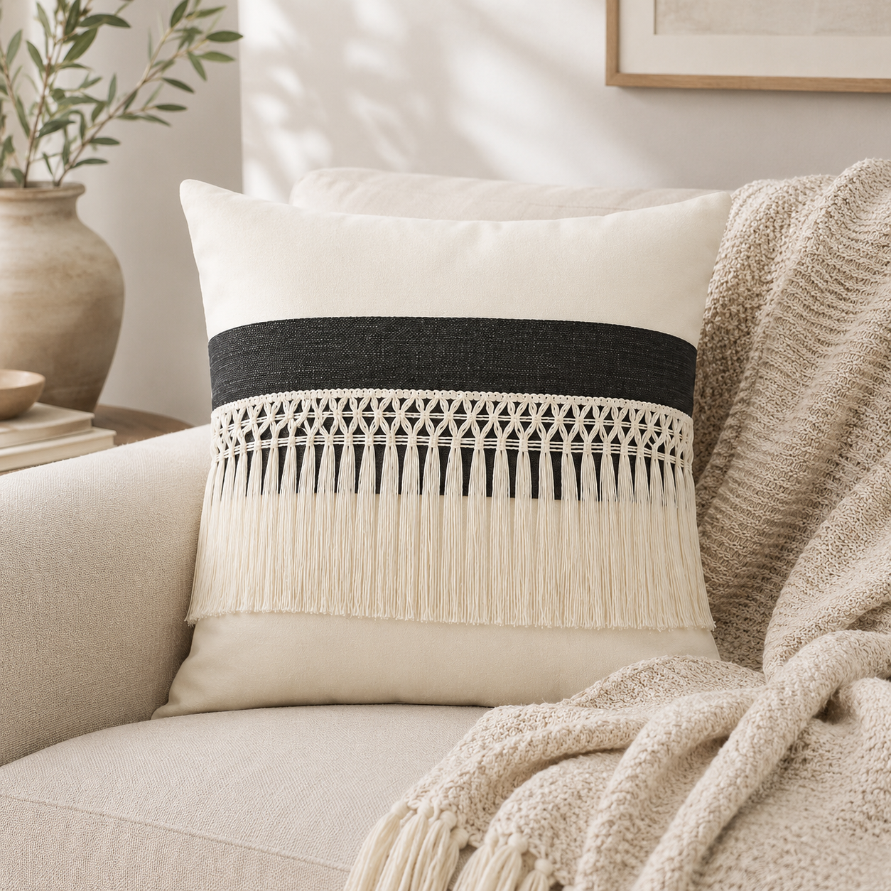 Driftwood Tassel Farmhouse Throw Pillow Cover - Black