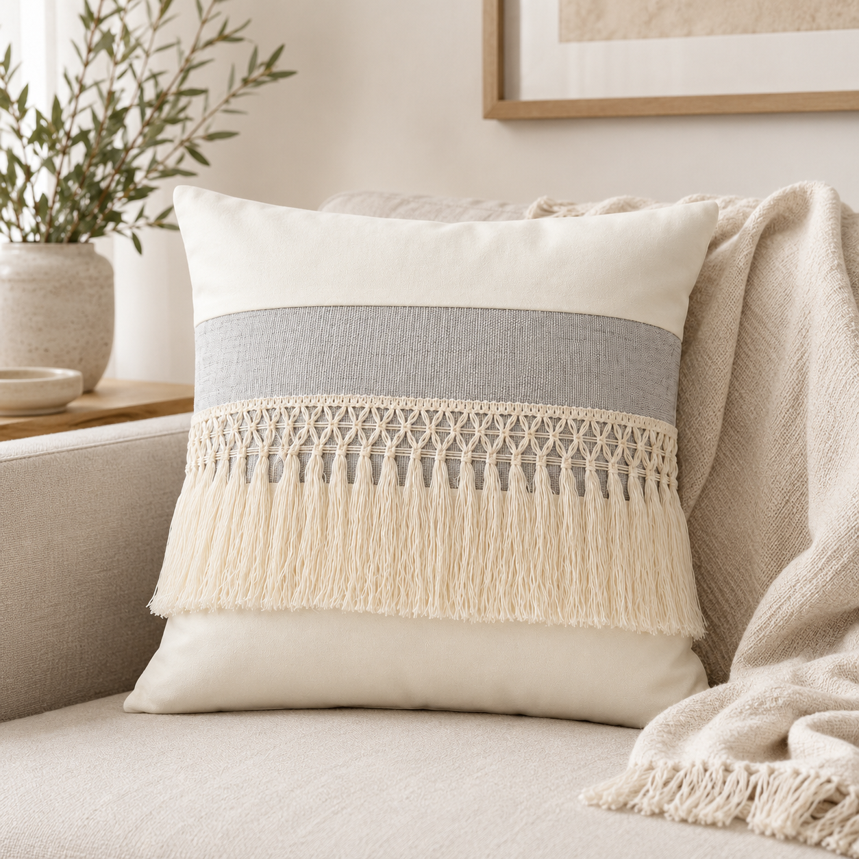 Driftwood Tassel Farmhouse Throw Pillow Cover - Light Gray
