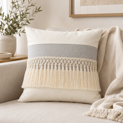 Driftwood Tassel Farmhouse Throw Pillow Cover - Light Gray