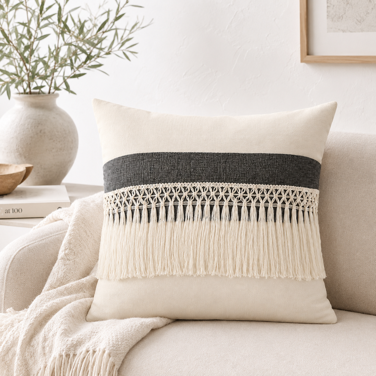 Driftwood Tassel Farmhouse Throw Pillow Cover - Dark Gray