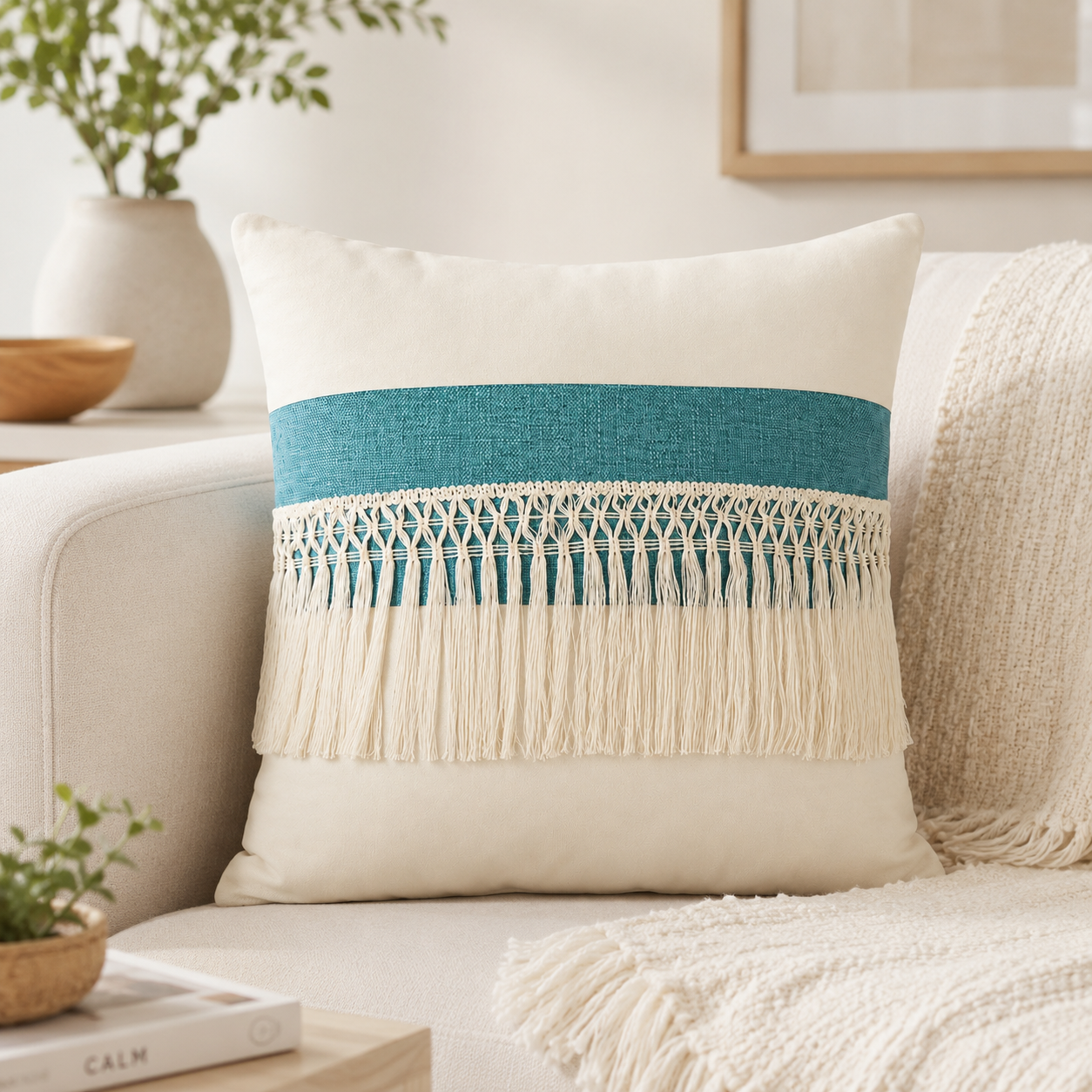 Driftwood Tassel Farmhouse Throw Pillow Cover - Blue