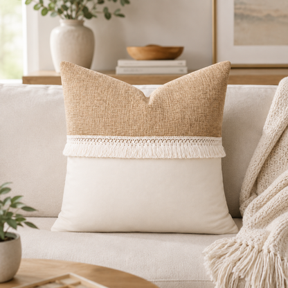 Driftwood Tassel Farmhouse Throw Pillow Cover - Off White