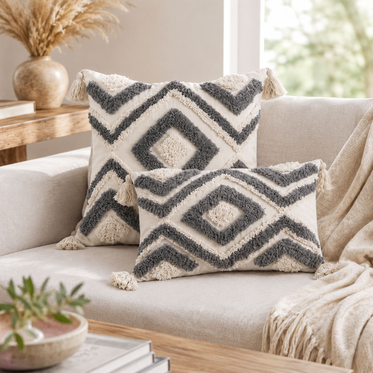 Nordic Moroccan Tufted Pillow Cover - Grey