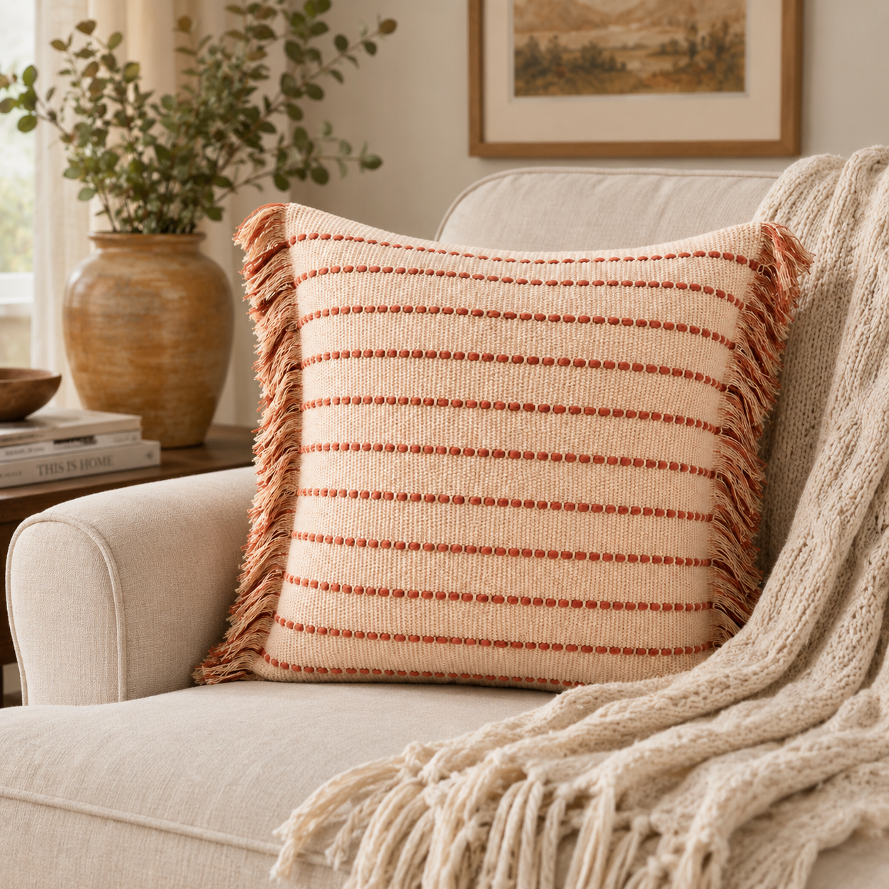 Neutral Stitch Throw Pillow Cover - Orange