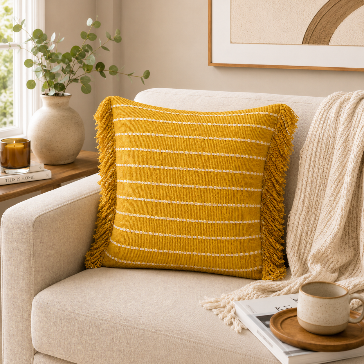 Neutral Stitch Throw Pillow Cover- Yellow