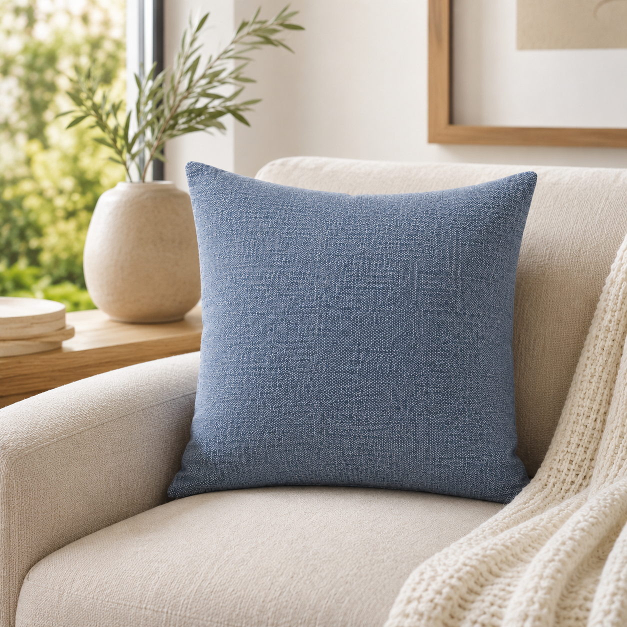 Solid Zipper Linen Pillow Cover - Blue