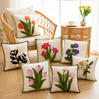 Embroidered Cotton Garden Pillow Cover - Pink Lily