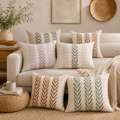 Mixed Beige Farmhouse LeavesThrow Pillow Cover - Brown