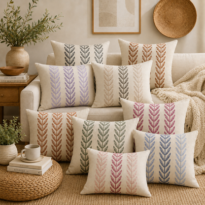 Mixed Beige Farmhouse LeavesThrow Pillow Cover - Black