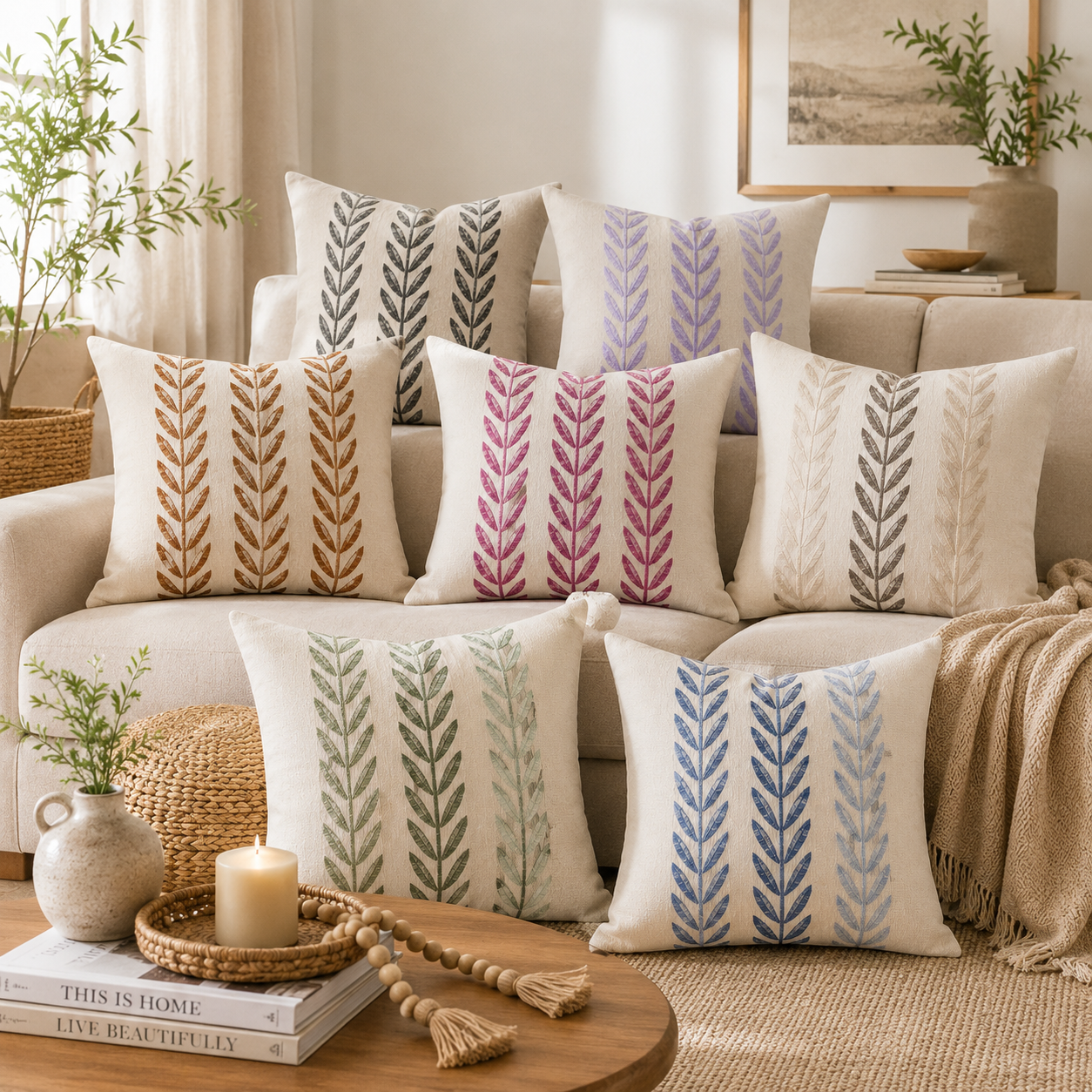 Mixed Beige Farmhouse LeavesThrow Pillow Cover - Terracota