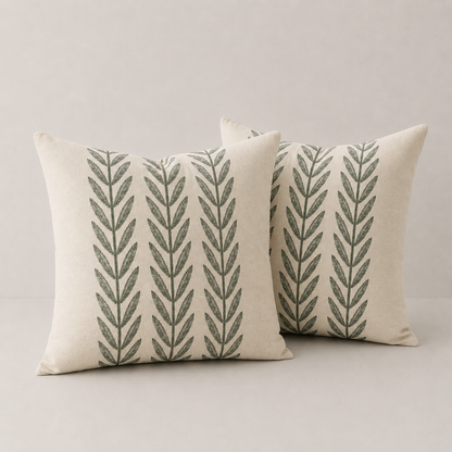 Mixed Beige Farmhouse LeavesThrow Pillow Cover - Green