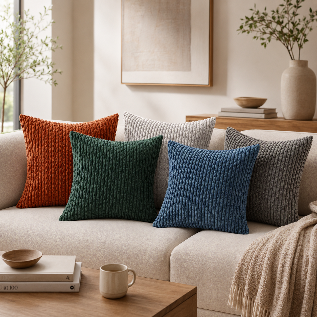 Soft Corduroy Striped Pillow Cover - Dark Green
