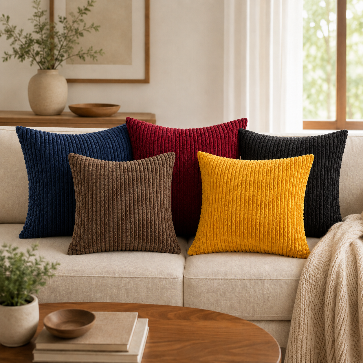 Soft Corduroy Striped Pillow Cover - Red