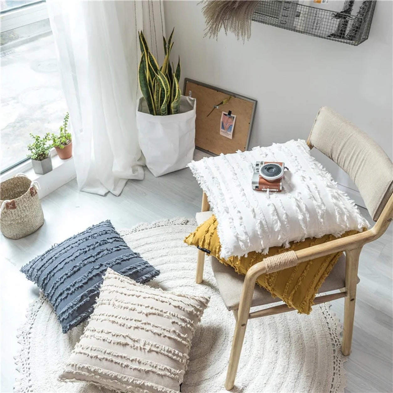 Fringed Boho Throw Pillow Cover Style - Grey