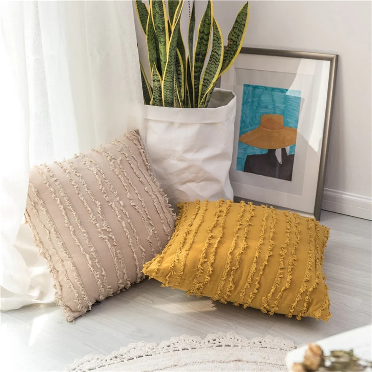 Fringed Boho Throw Pillow Cover Style - Cream