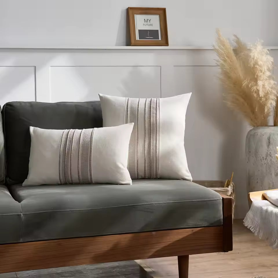 Embroidered Stripe Decorative Pillow Cover - Grey