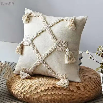Cream Tufted Tassel Decorative Pillow Cover