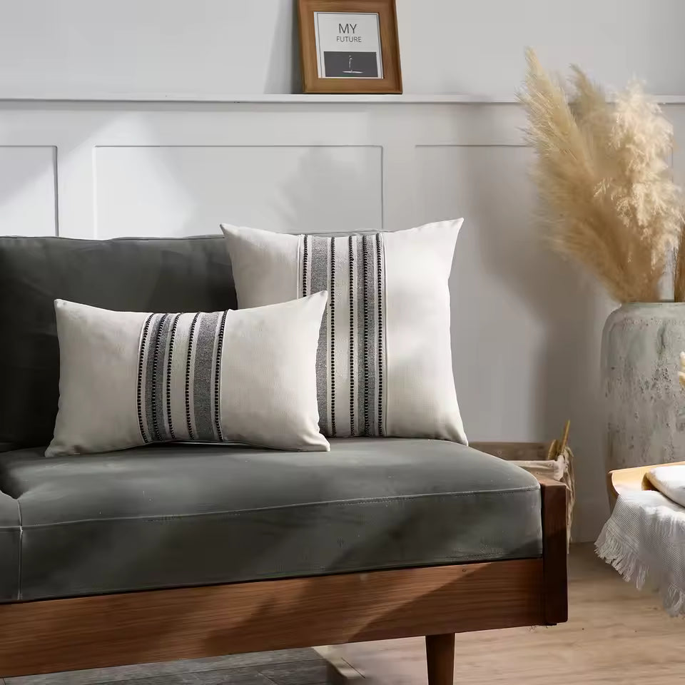 Embroidered Stripe Decorative Pillow Cover - Grey