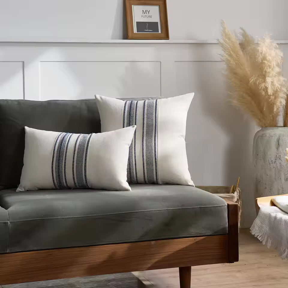 Embroidered Stripe Decorative Pillow Cover - Black