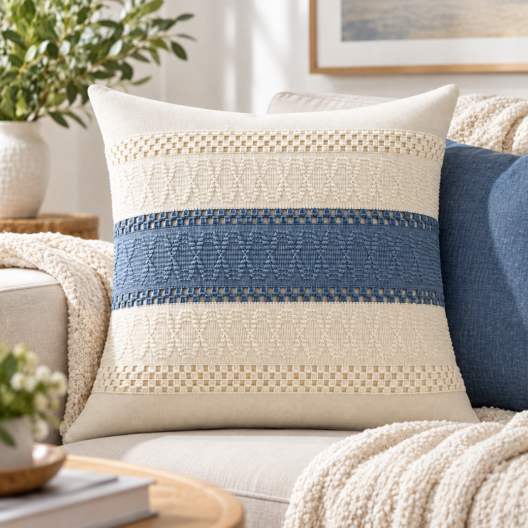 Textured Blue Square Cushion Cover – Blue