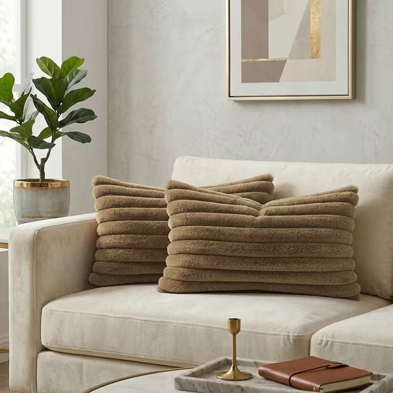 Faux Fur Boho Throw Pillow Covers- Brown