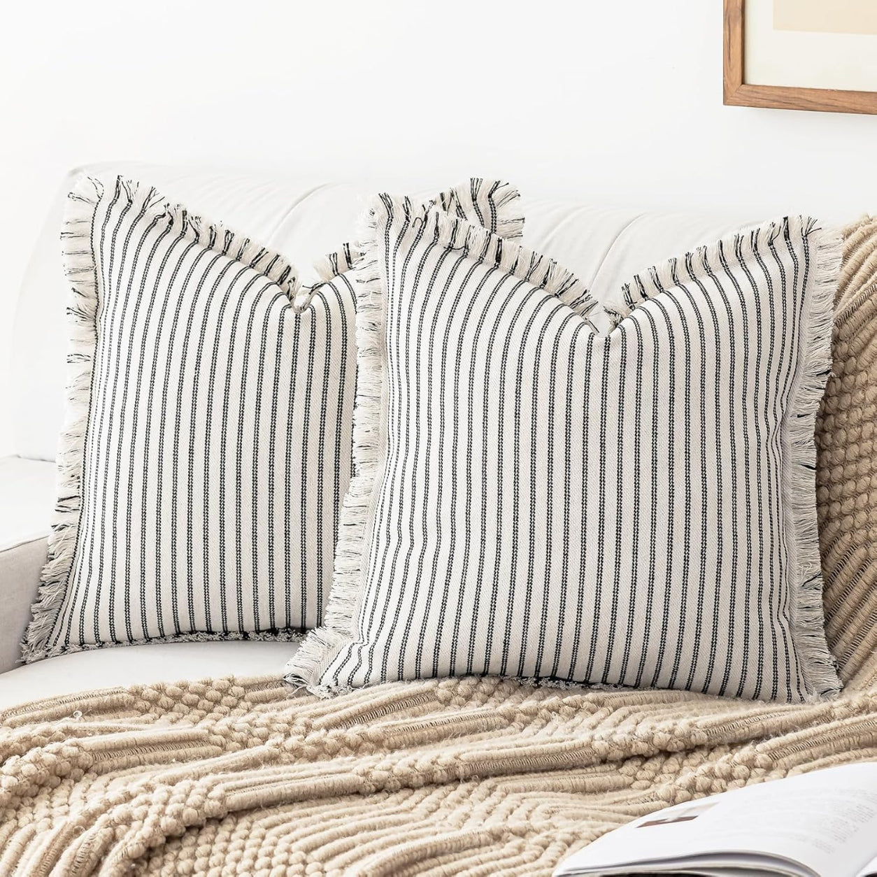 Farmhouse Striped Fringe Pillow Cover- Black